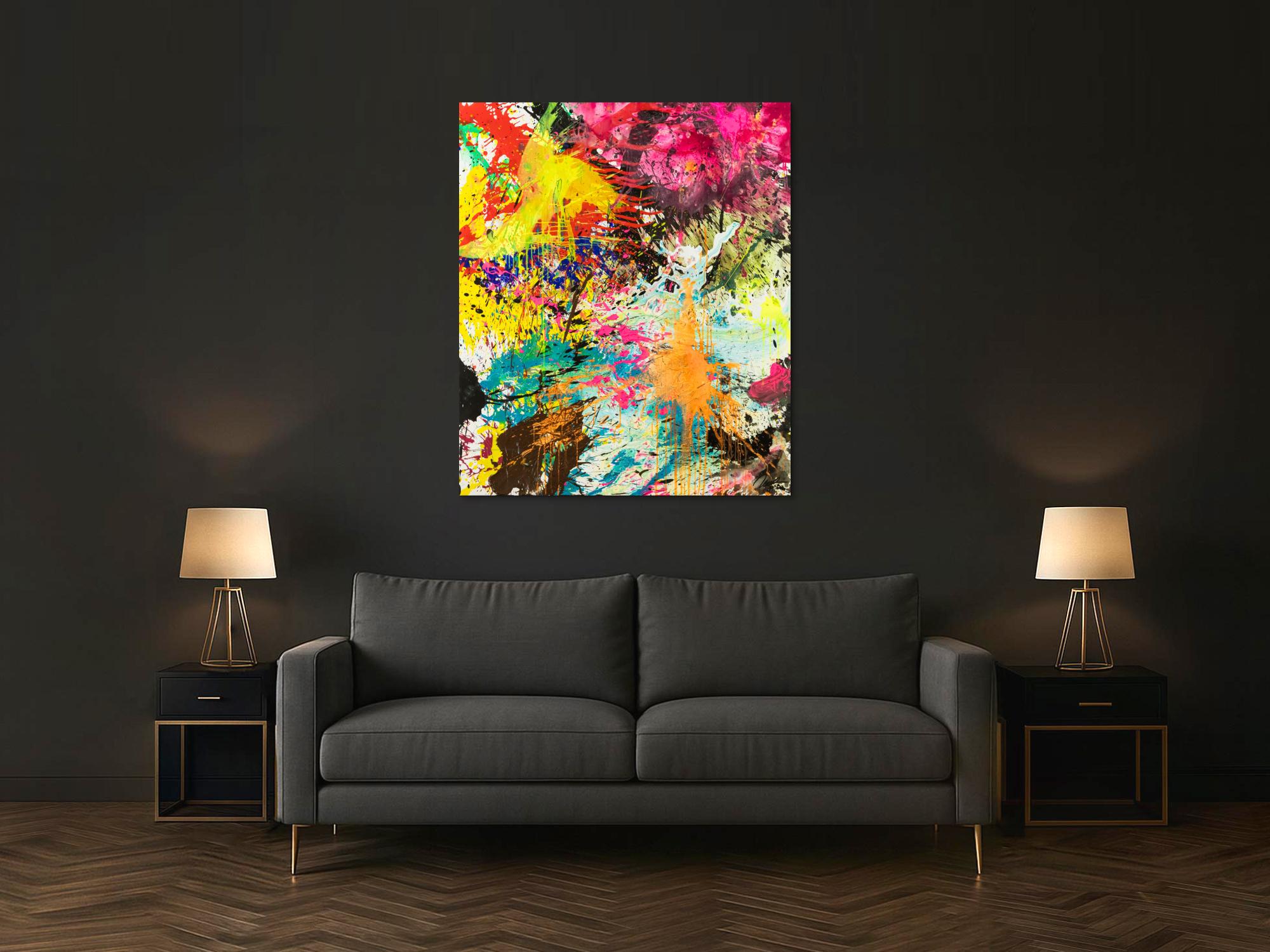 Abstraktes Original Gemälde 130x110cm Action Painting expressionistisch handgemalt Mischtechnik bunt neon hochwertig