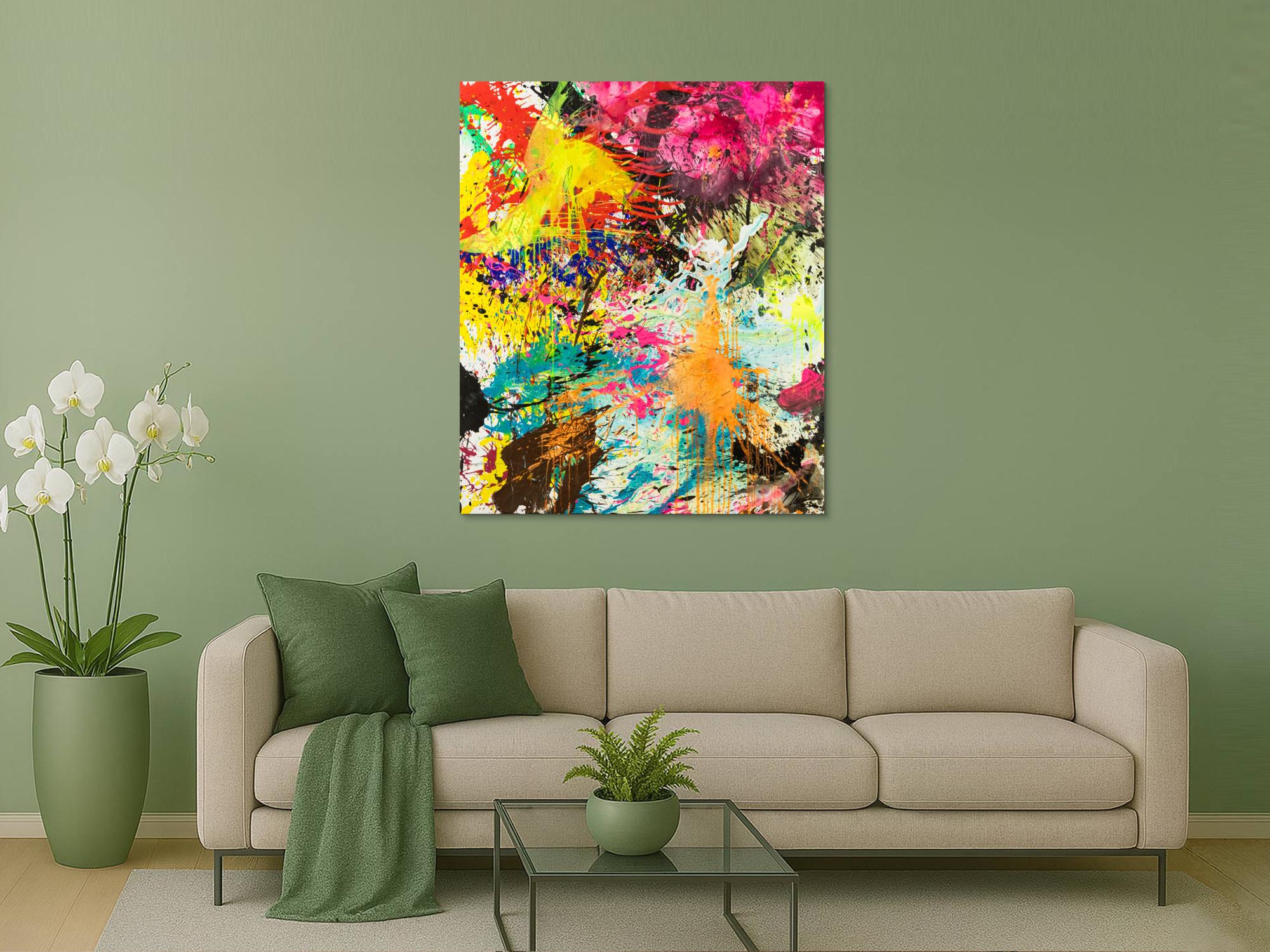 Abstraktes Original Gemälde 130x110cm Action Painting expressionistisch handgemalt Mischtechnik bunt neon hochwertig