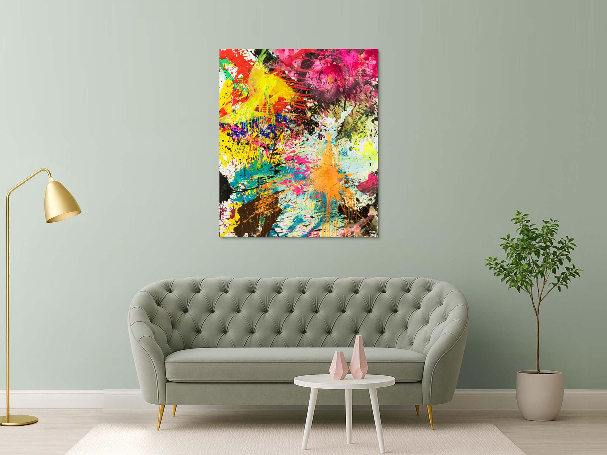 Abstraktes Original Gemälde 130x110cm Action Painting expressionistisch handgemalt Mischtechnik bunt neon hochwertig