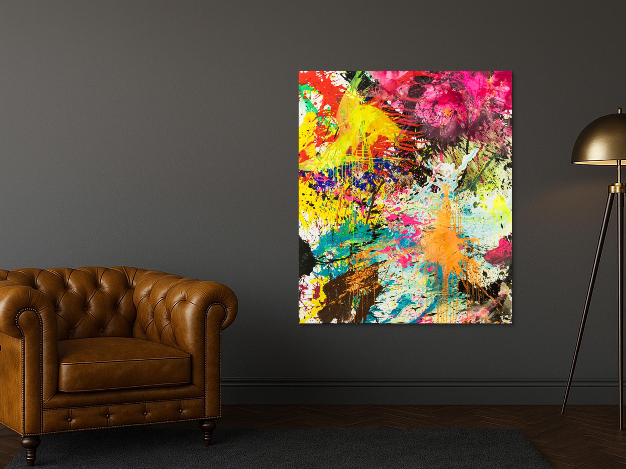 Abstraktes Original Gemälde 130x110cm Action Painting expressionistisch handgemalt Mischtechnik bunt neon hochwertig