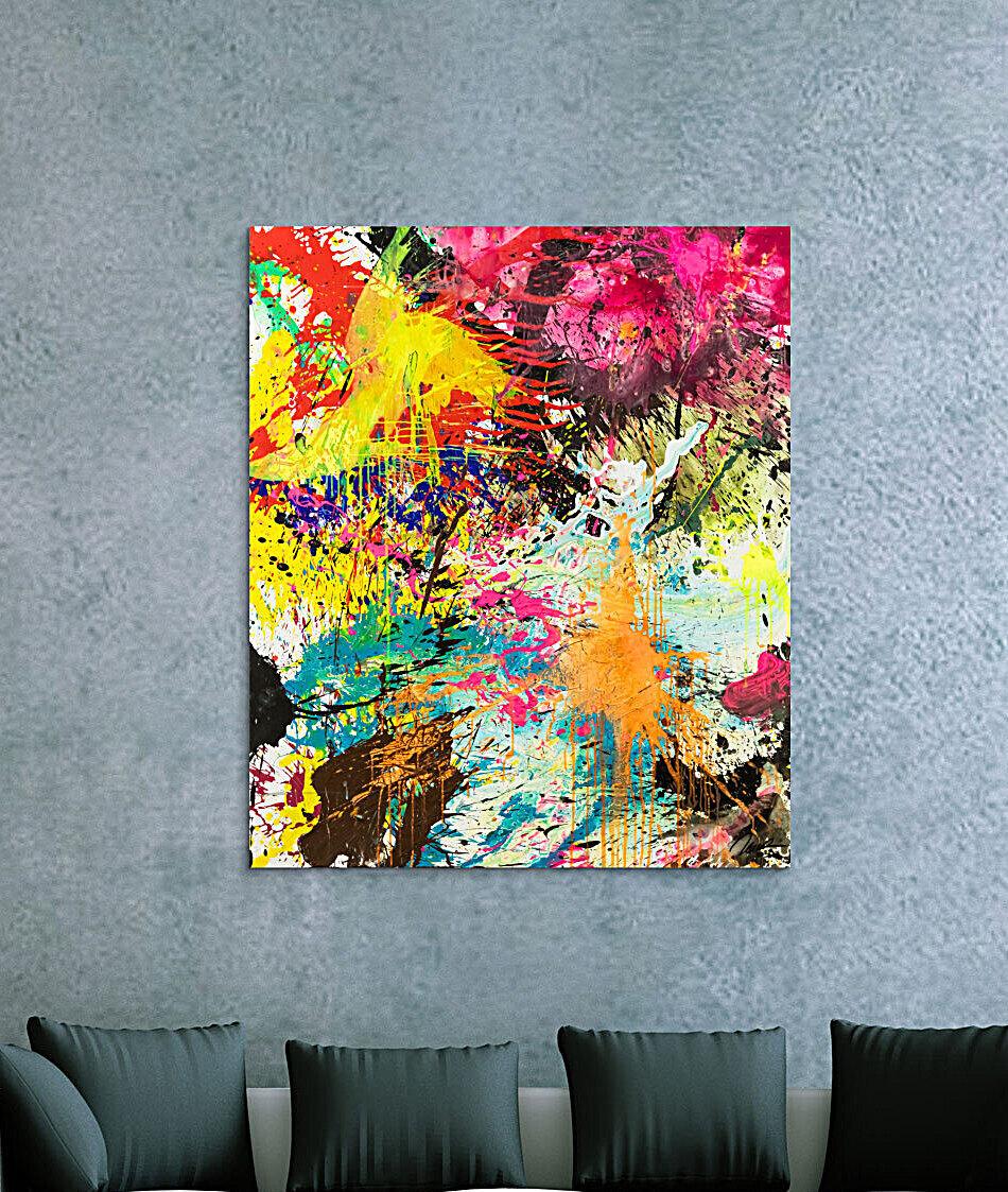 Abstraktes Original Gemälde 130x110cm Action Painting expressionistisch handgemalt Mischtechnik bunt neon hochwertig