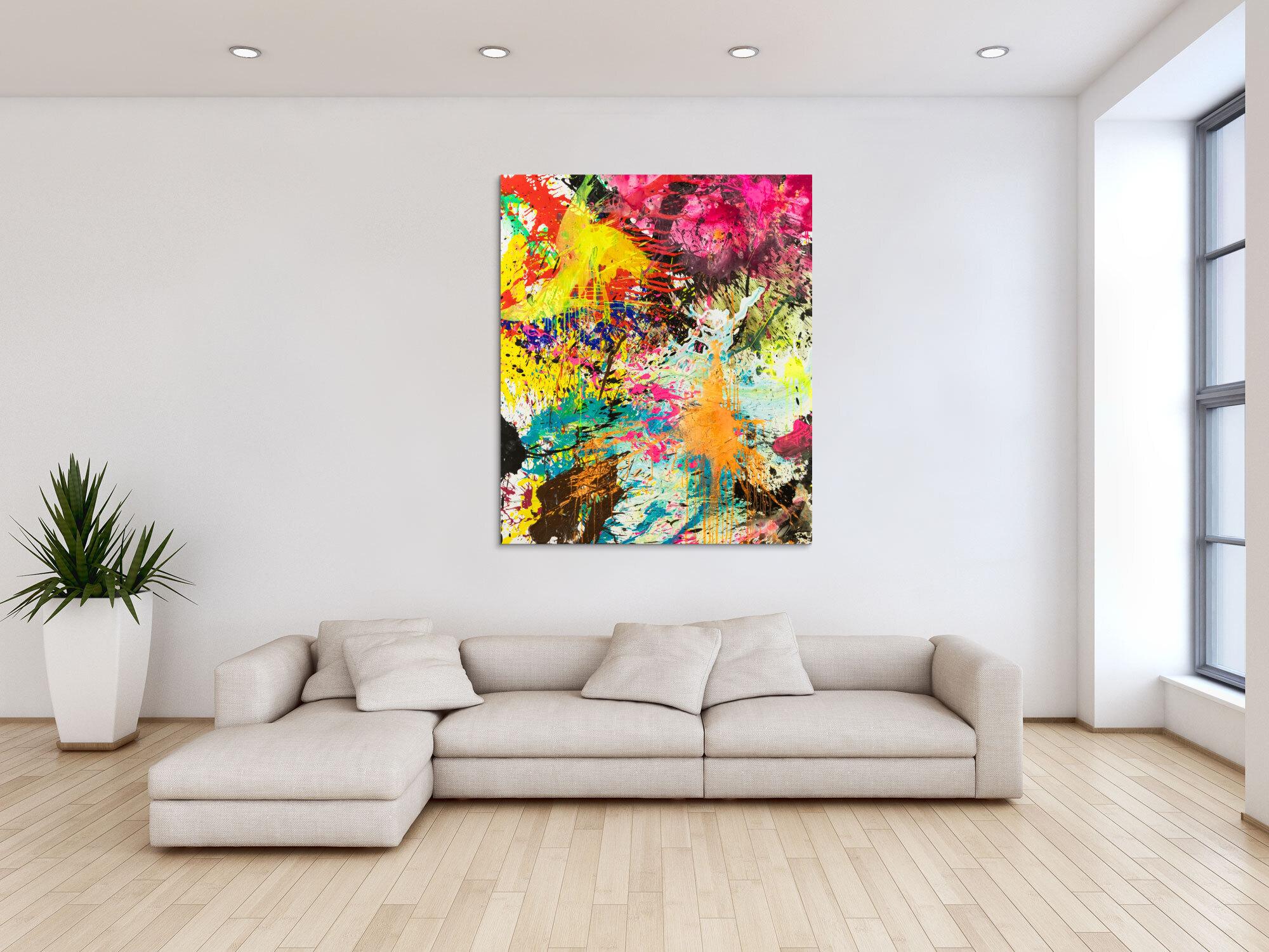 Abstraktes Original Gemälde 130x110cm Action Painting expressionistisch handgemalt Mischtechnik bunt neon hochwertig