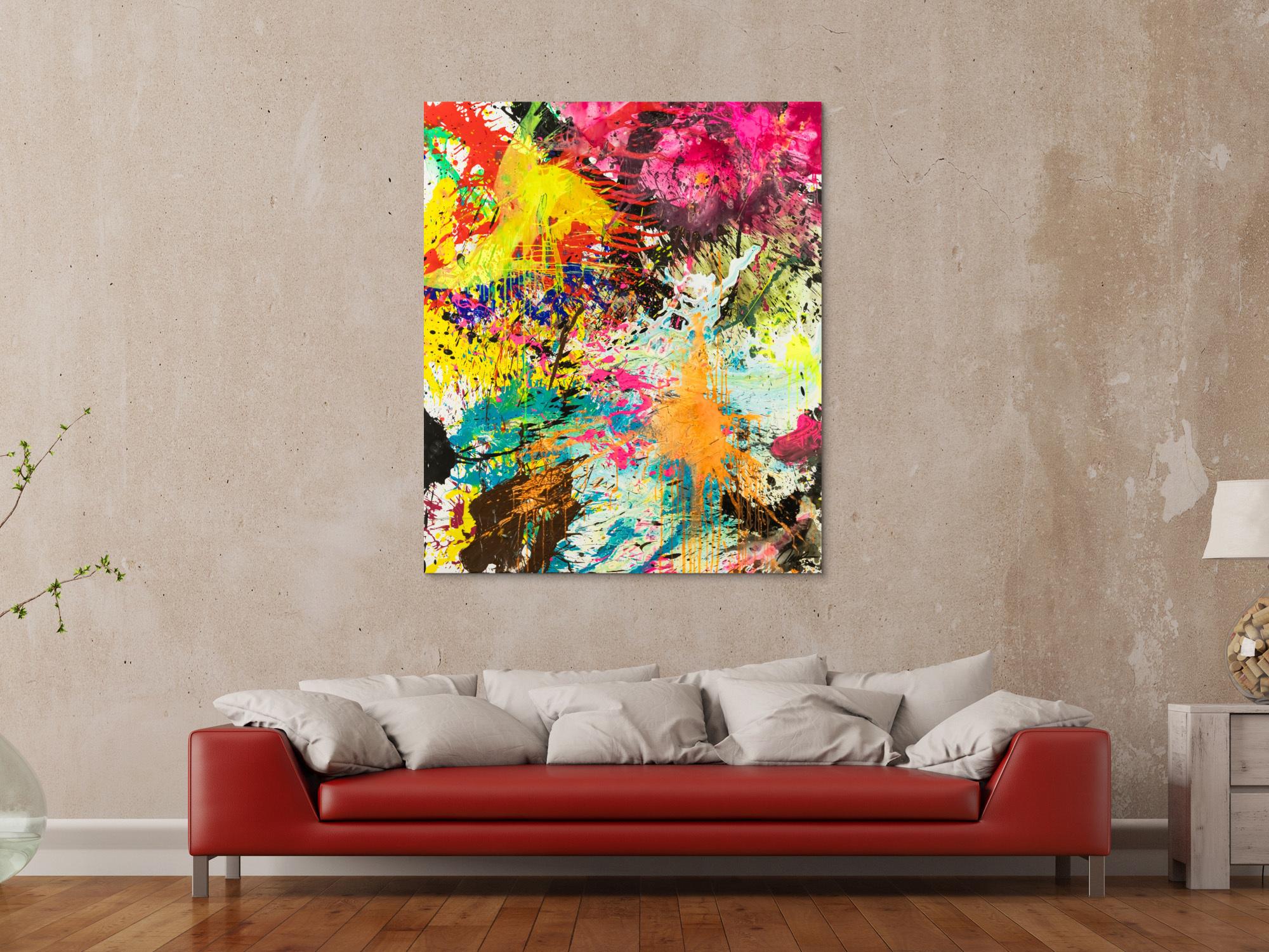 Abstraktes Original Gemälde 130x110cm Action Painting expressionistisch handgemalt Mischtechnik bunt neon hochwertig