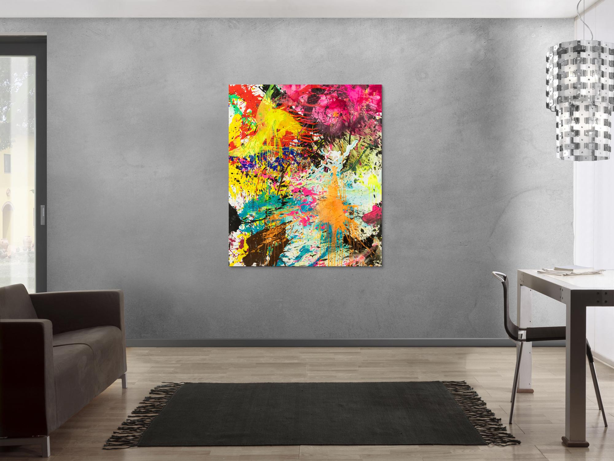 Abstraktes Original Gemälde 130x110cm Action Painting expressionistisch handgemalt Mischtechnik bunt neon hochwertig