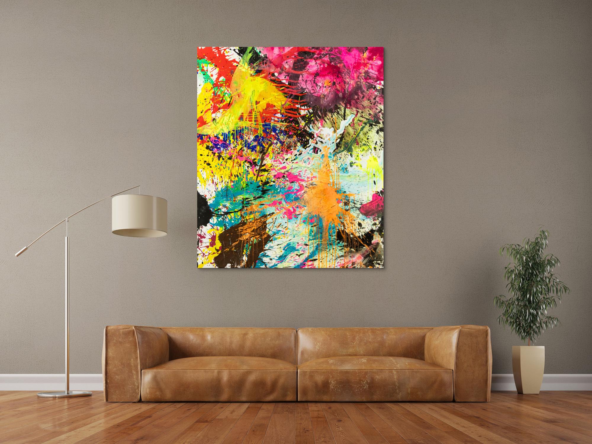 Abstraktes Original Gemälde 130x110cm Action Painting expressionistisch handgemalt Mischtechnik bunt neon hochwertig