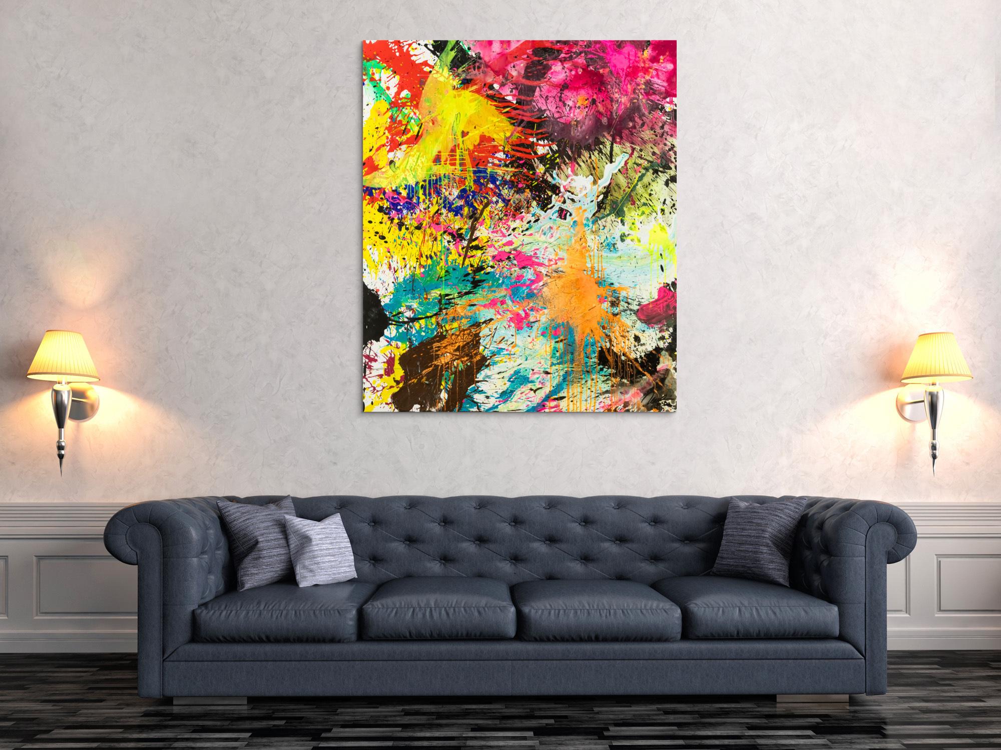 Abstraktes Original Gemälde 130x110cm Action Painting expressionistisch handgemalt Mischtechnik bunt neon hochwertig