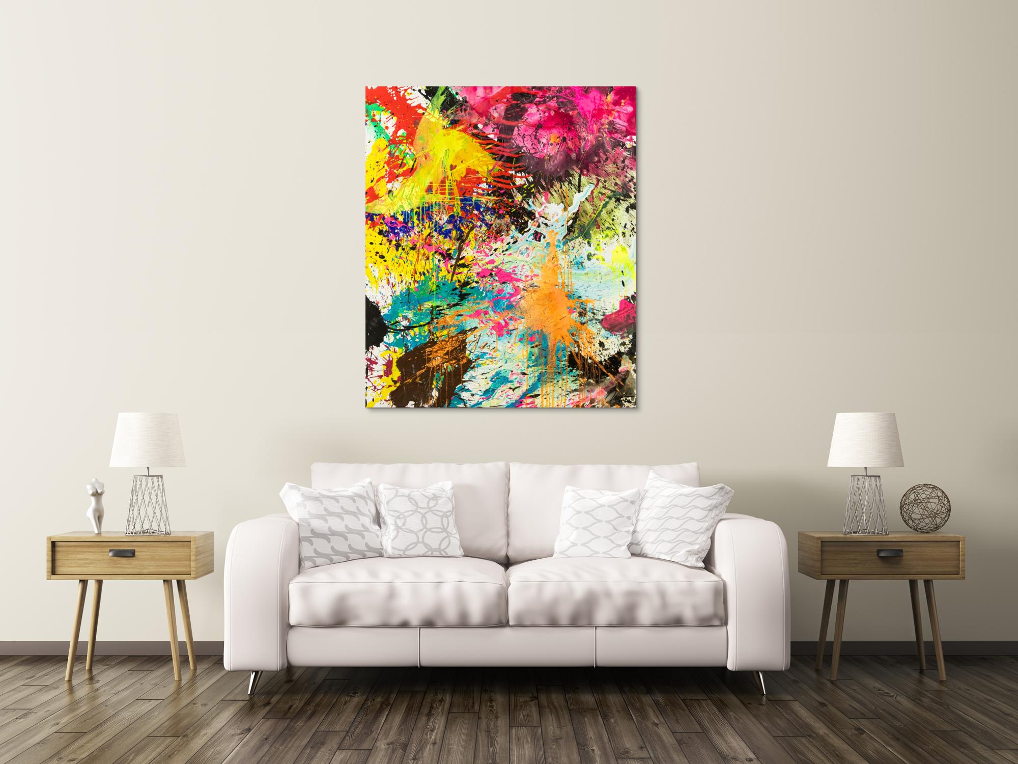 Abstraktes Original Gemälde 130x110cm Action Painting expressionistisch handgemalt Mischtechnik bunt neon hochwertig