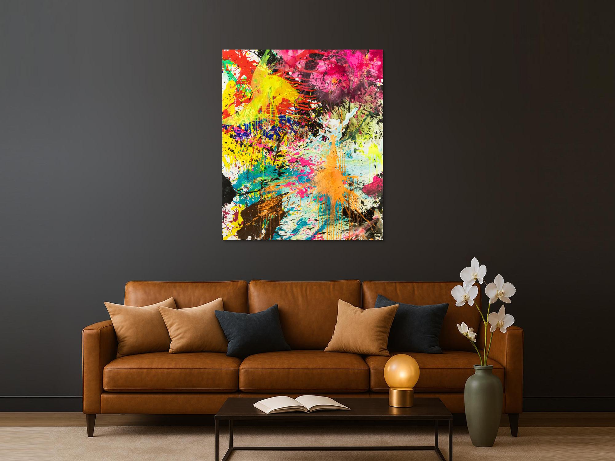 Abstraktes Original Gemälde 130x110cm Action Painting expressionistisch handgemalt Mischtechnik bunt neon hochwertig