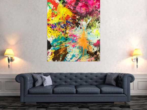 Abstraktes Original Gemälde 130x110cm Action Painting expressionistisch handgemalt Mischtechnik bunt neon hochwertig