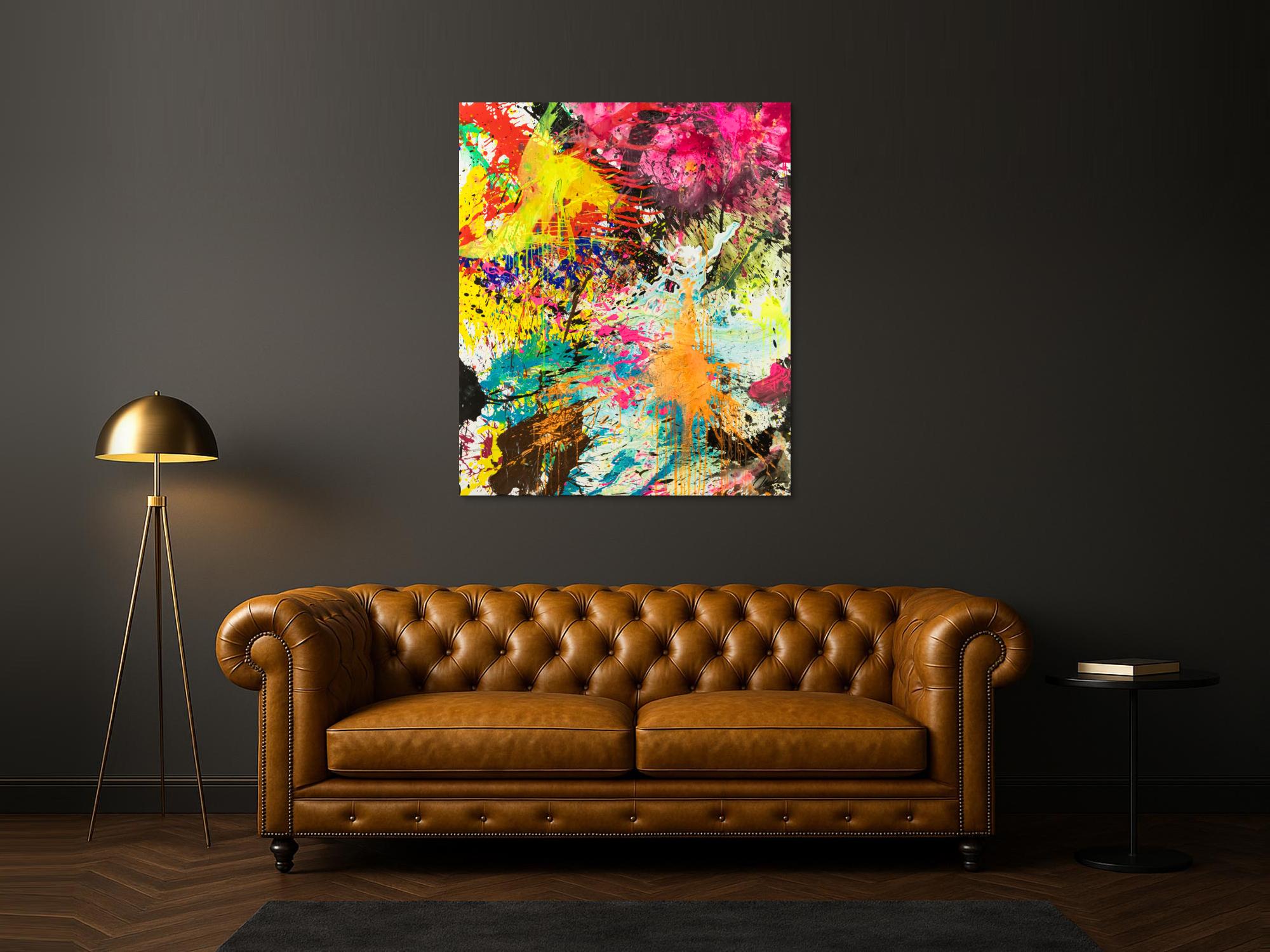 Abstraktes Original Gemälde 130x110cm Action Painting expressionistisch handgemalt Mischtechnik bunt neon hochwertig