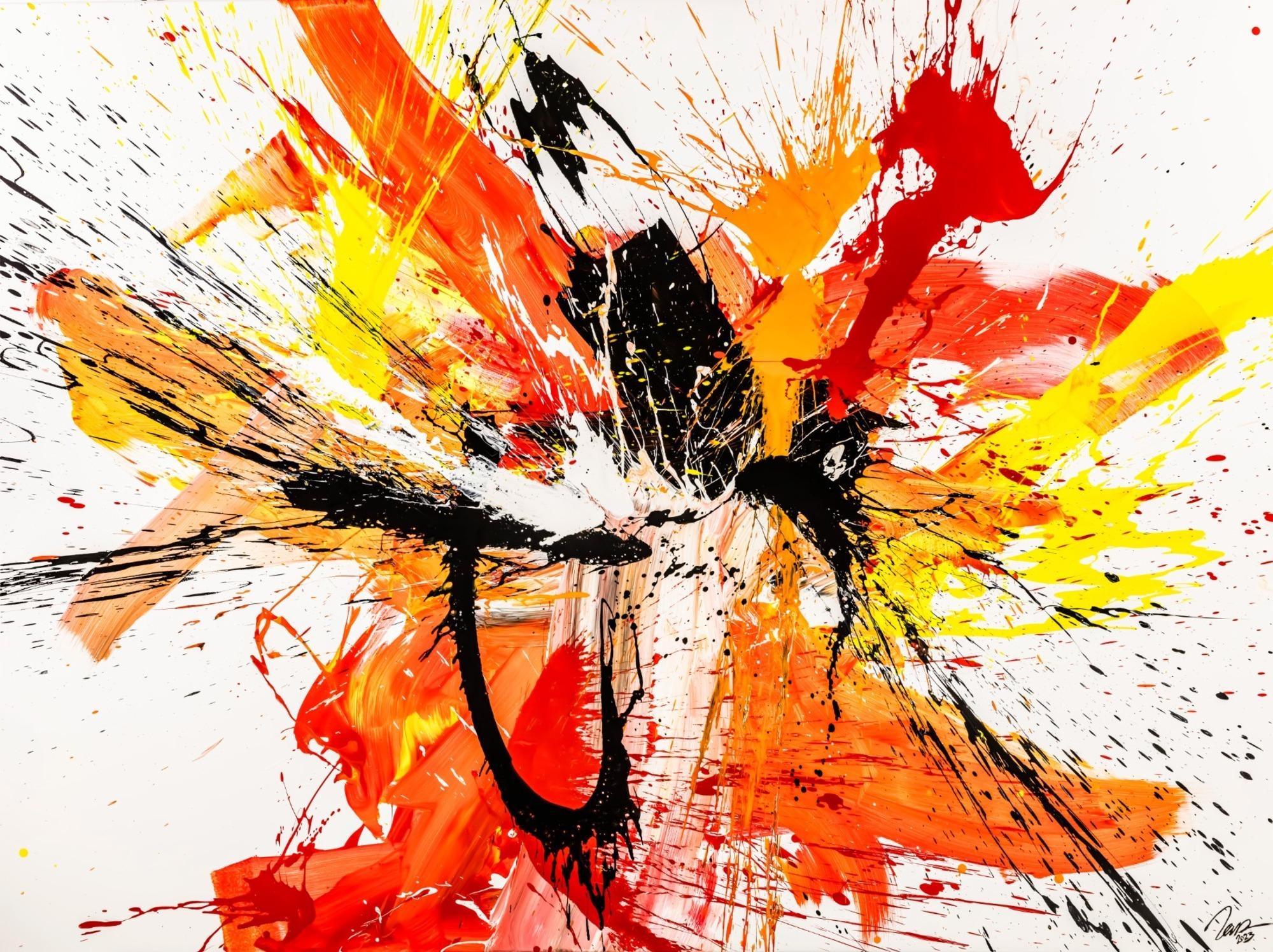 Abstraktes Original Gemälde 150x200cm Action Painting Moderne Kunst auf Leinwand Splash Art weiß rot orange einzigartig
