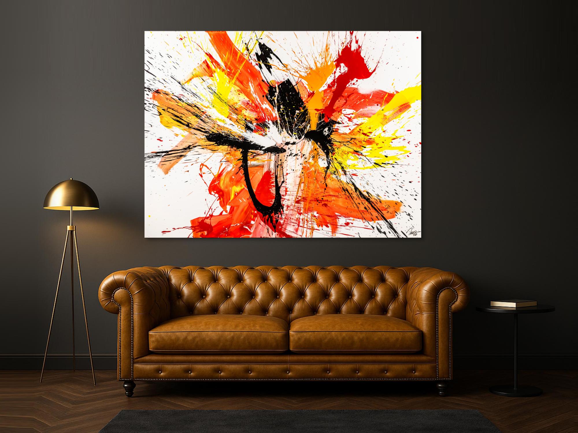 Abstraktes Original Gemälde 150x200cm Action Painting Moderne Kunst auf Leinwand Splash Art weiß rot orange einzigartig