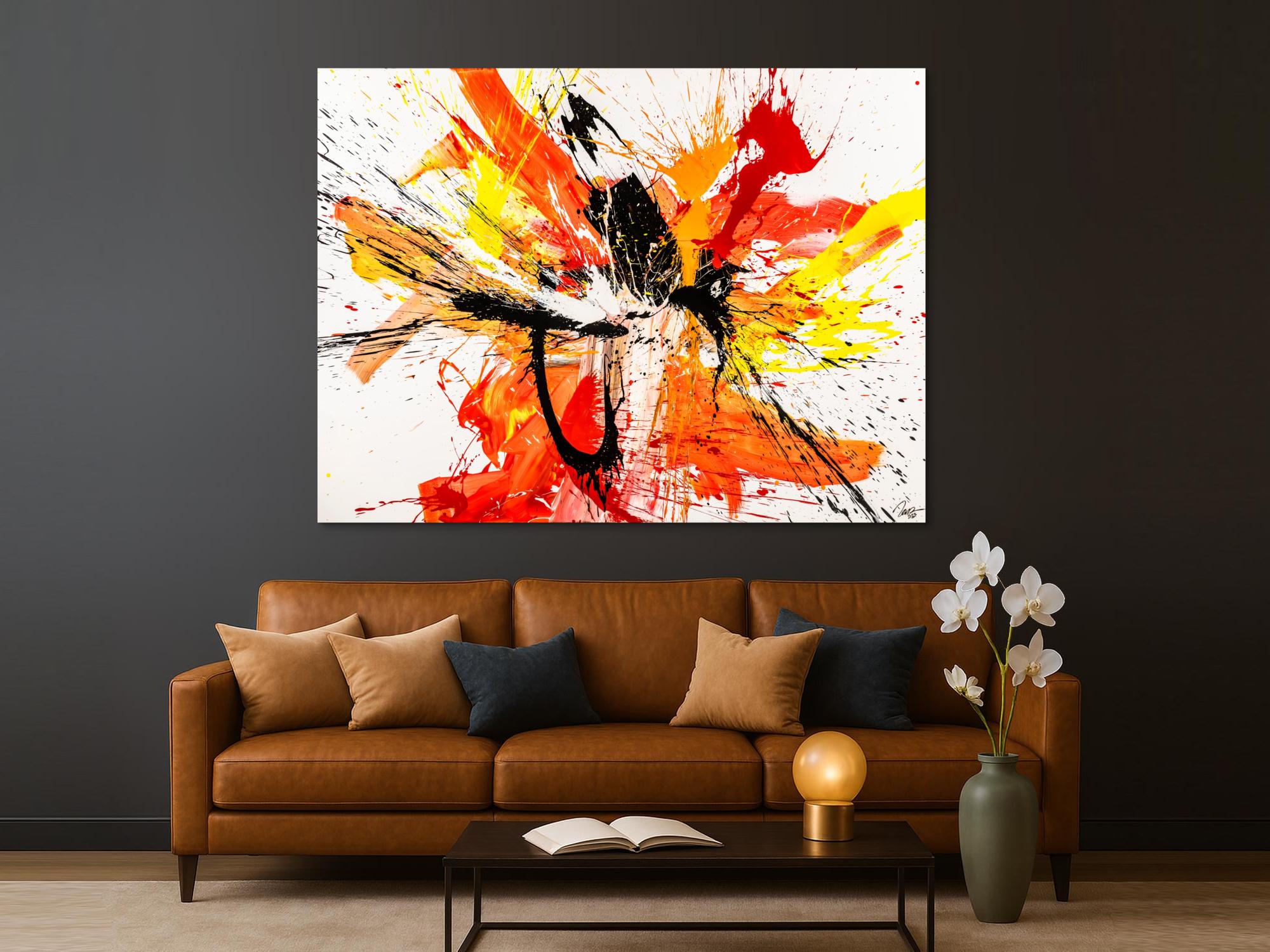 Abstraktes Original Gemälde 150x200cm Action Painting Moderne Kunst auf Leinwand Splash Art weiß rot orange einzigartig