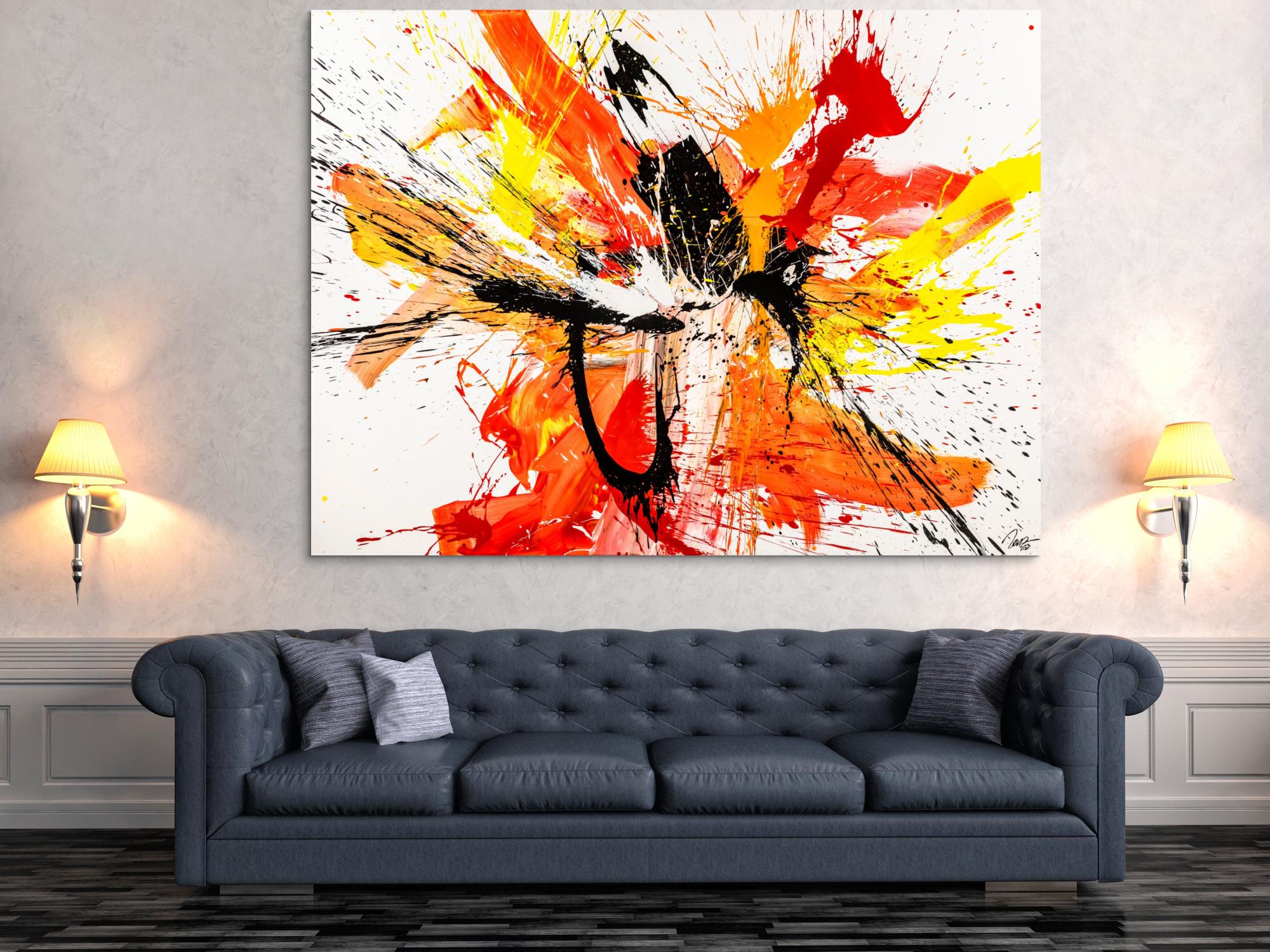 Abstraktes Original Gemälde 150x200cm Action Painting Moderne Kunst auf Leinwand Splash Art weiß rot orange einzigartig