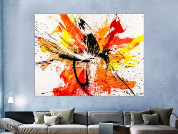 Abstraktes Original Gemälde 150x200cm Action Painting Moderne Kunst auf Leinwand Splash Art weiß rot orange einzigartig