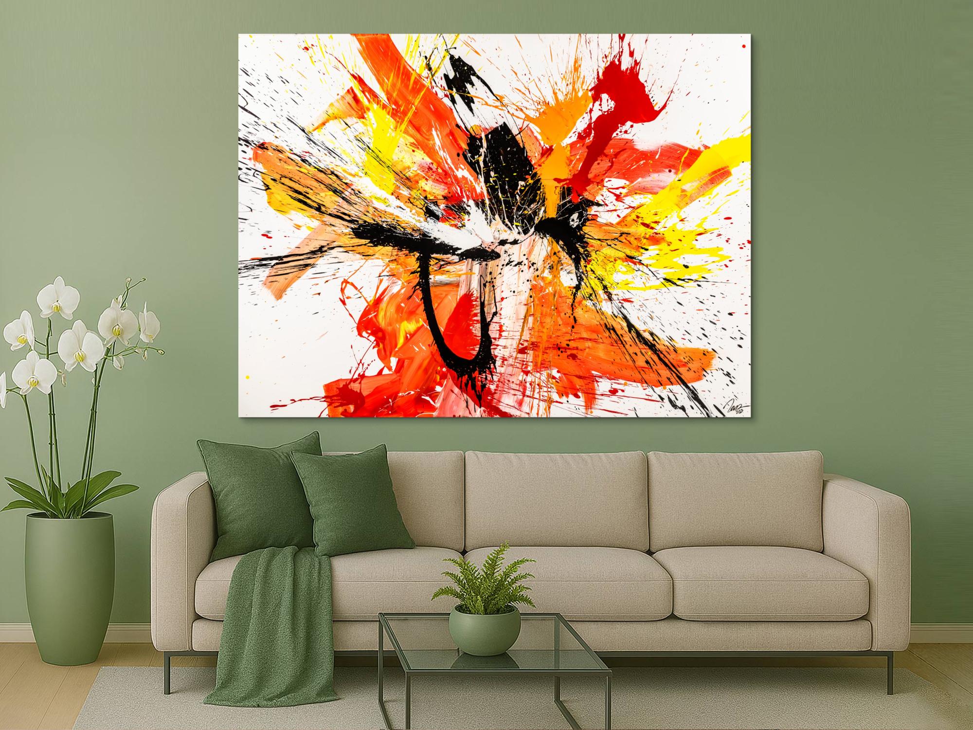 Abstraktes Original Gemälde 150x200cm Action Painting Moderne Kunst auf Leinwand Splash Art weiß rot orange einzigartig