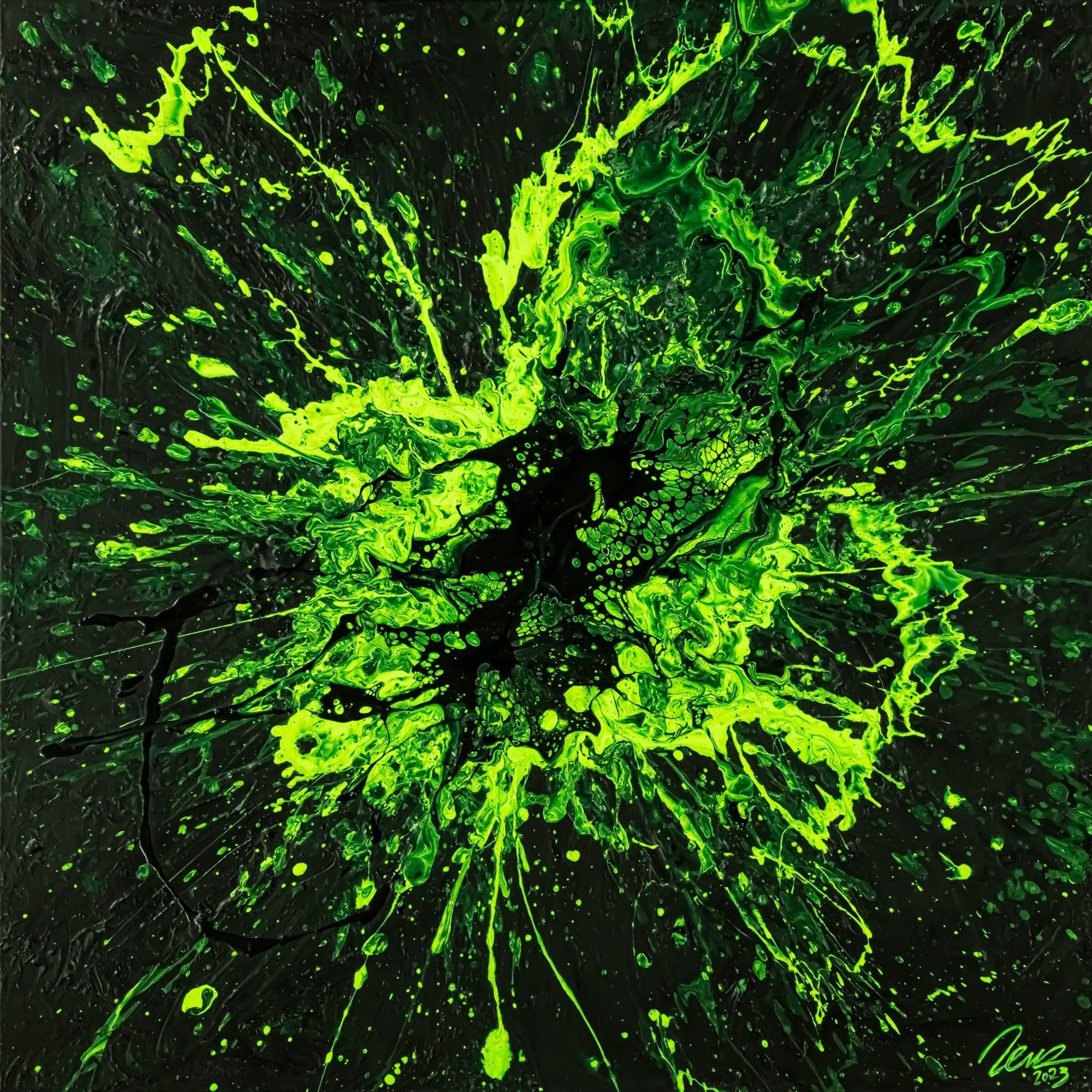Original Gemälde abstrakt 100x100cm Minimalistisch Action Painting schwarz NEON grün hellgrün Unikat