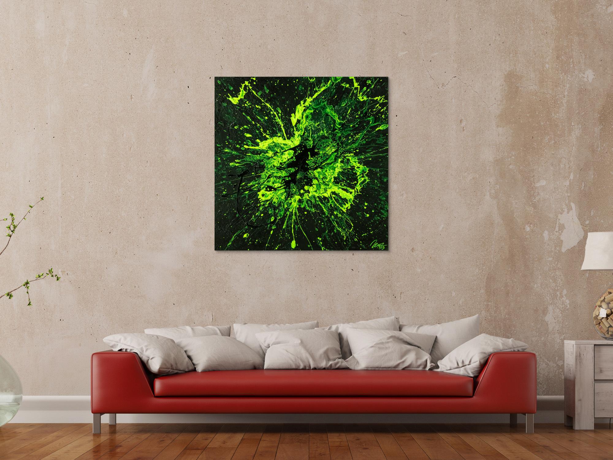 Original Gemälde abstrakt 100x100cm Minimalistisch Action Painting schwarz NEON grün hellgrün Unikat