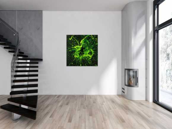 Original Gemälde abstrakt 100x100cm Minimalistisch Action Painting schwarz NEON grün hellgrün Unikat