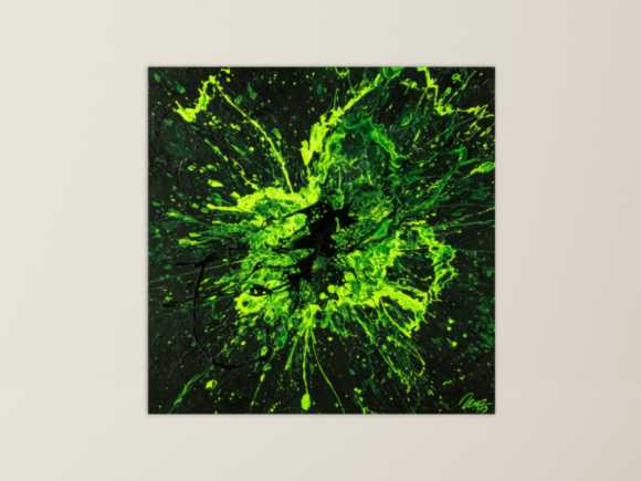 Original Gemälde abstrakt 100x100cm Minimalistisch Action Painting schwarz NEON grün hellgrün Unikat