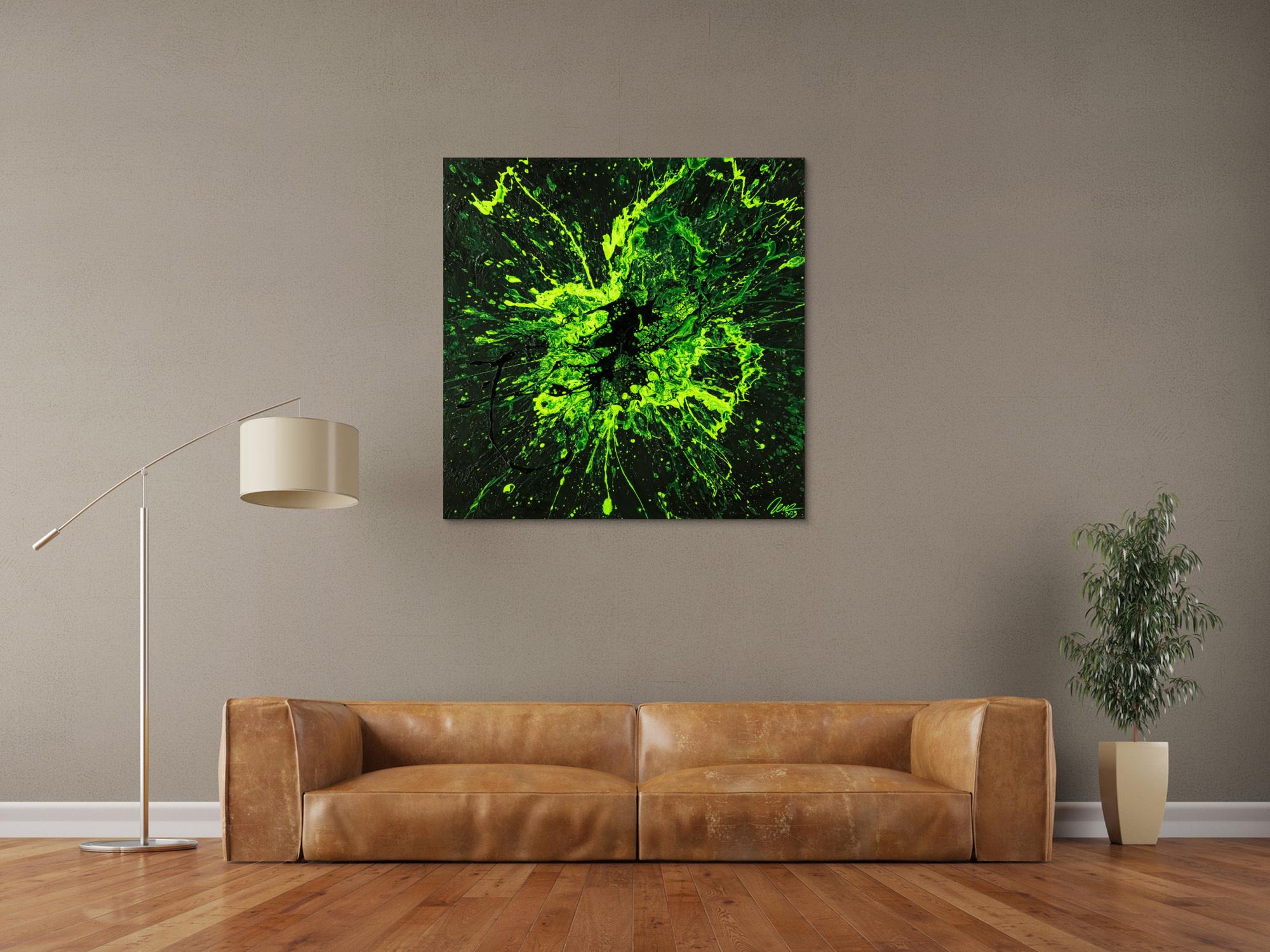 Original Gemälde abstrakt 100x100cm Minimalistisch Action Painting schwarz NEON grün hellgrün Unikat