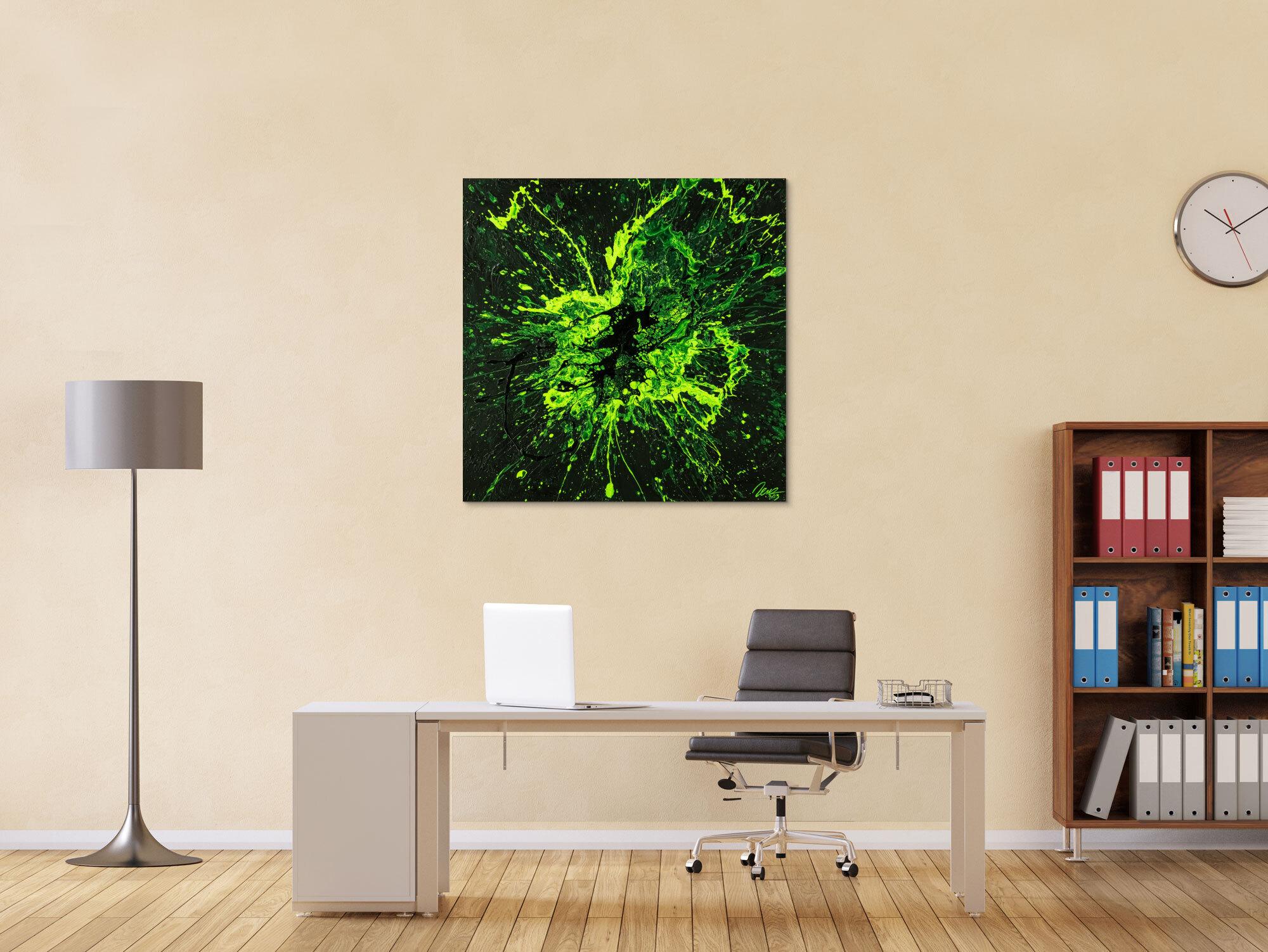 Original Gemälde abstrakt 100x100cm Minimalistisch Action Painting schwarz NEON grün hellgrün Unikat