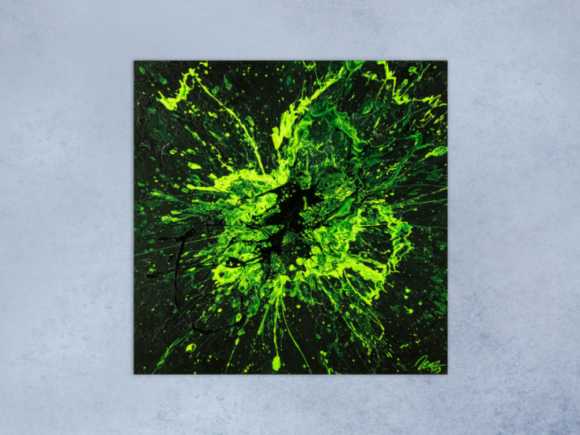 Original Gemälde abstrakt 100x100cm Minimalistisch Action Painting schwarz NEON grün hellgrün Unikat