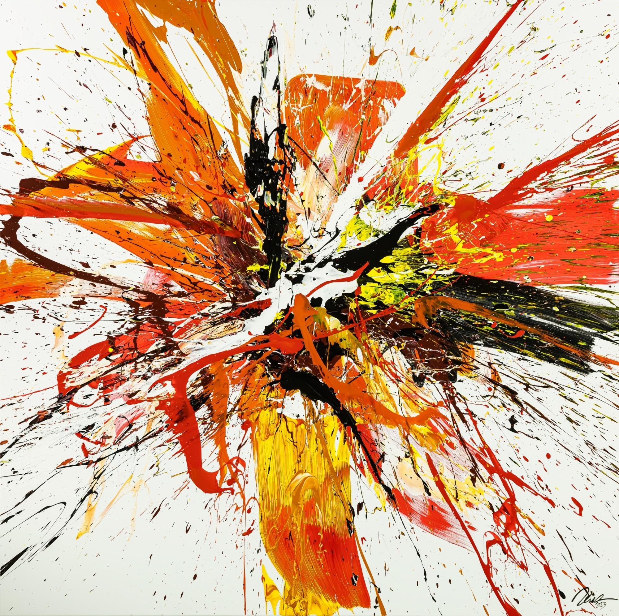 Gemälde Original abstrakt 150x150cm Action Painting Moderne Kunst handgemalt Mischtechnik weiß rot orange Einzelstück