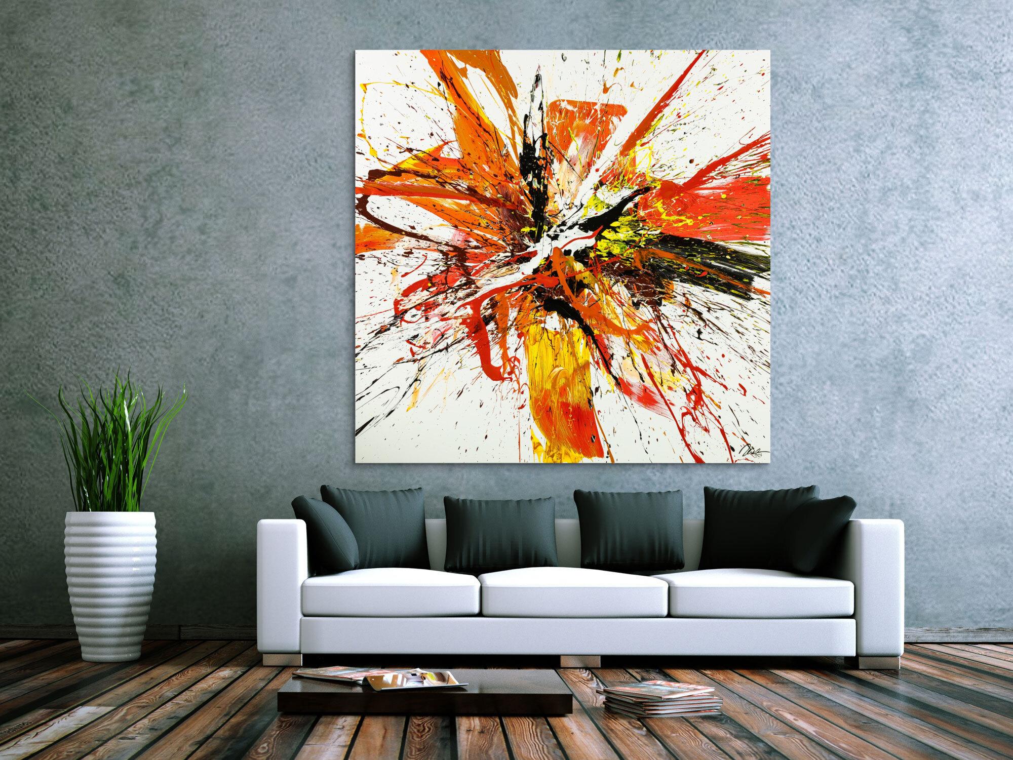 Gemälde Original abstrakt 150x150cm Action Painting Moderne Kunst handgemalt Mischtechnik weiß rot orange Einzelstück