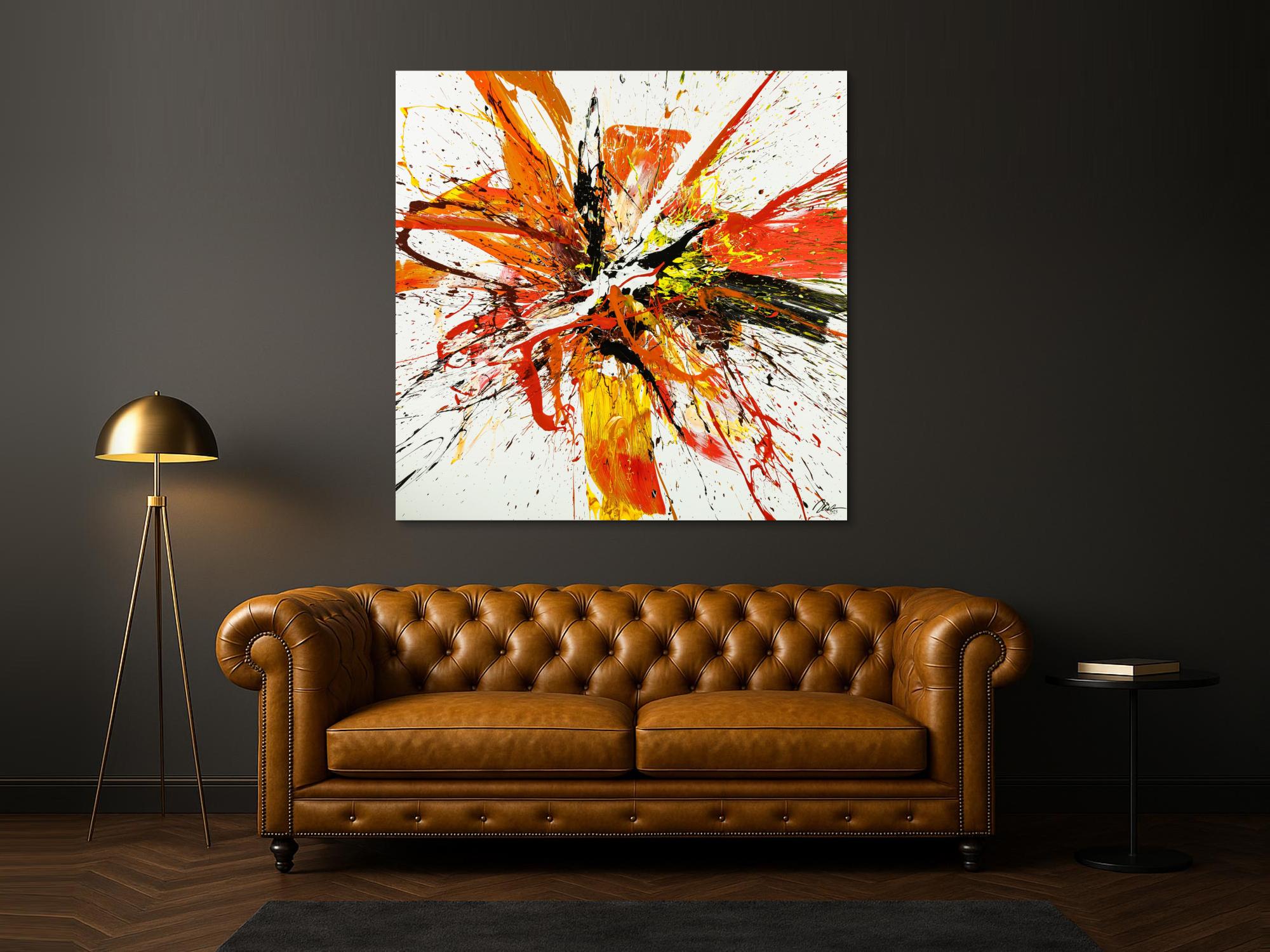 Gemälde Original abstrakt 150x150cm Action Painting Moderne Kunst handgemalt Mischtechnik weiß rot orange Einzelstück