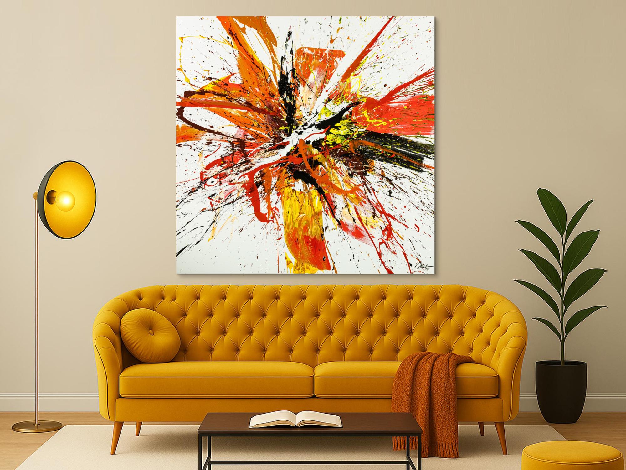 Gemälde Original abstrakt 150x150cm Action Painting Moderne Kunst handgemalt Mischtechnik weiß rot orange Einzelstück