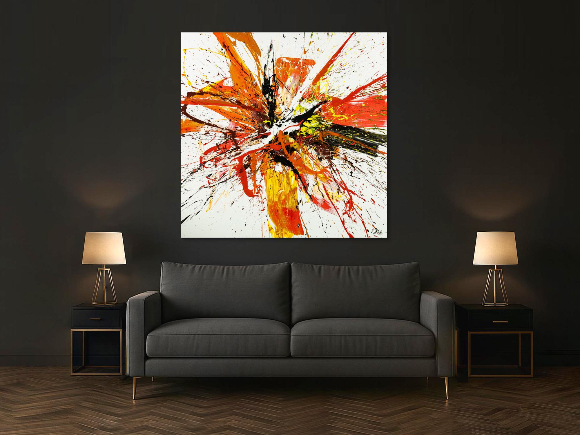 Gemälde Original abstrakt 150x150cm Action Painting Moderne Kunst handgemalt Mischtechnik weiß rot orange Einzelstück