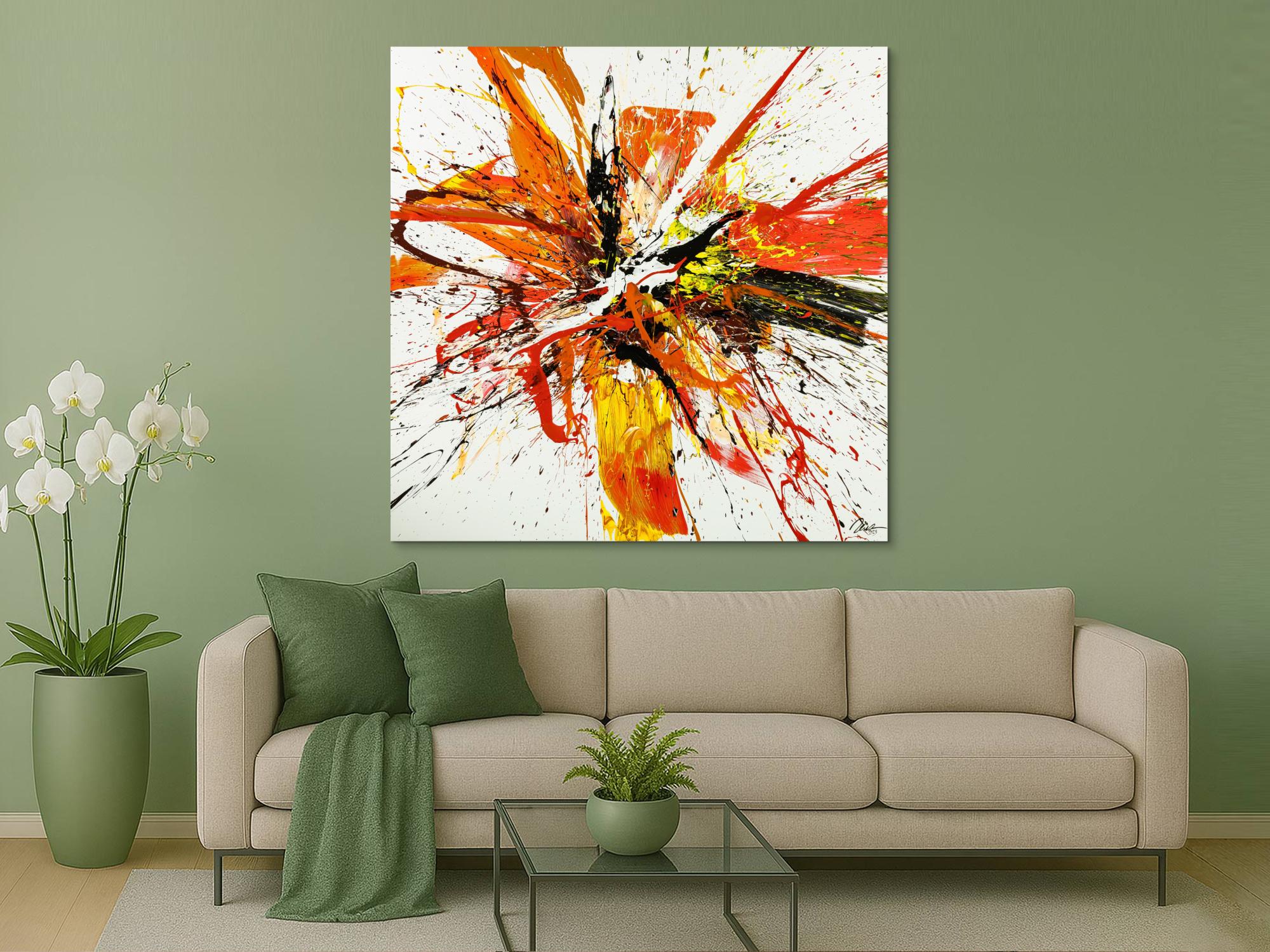 Gemälde Original abstrakt 150x150cm Action Painting Moderne Kunst handgemalt Mischtechnik weiß rot orange Einzelstück