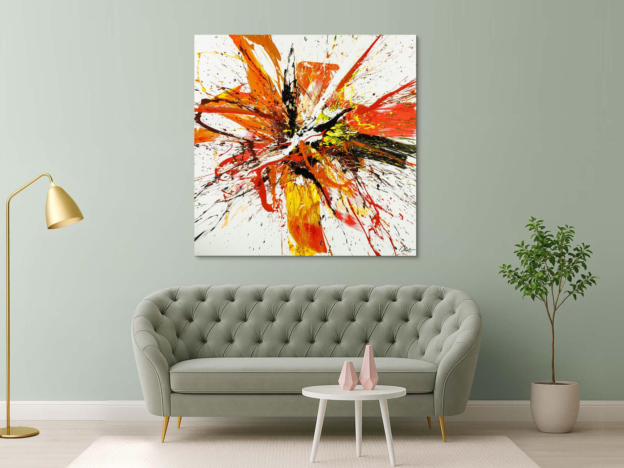 Gemälde Original abstrakt 150x150cm Action Painting Moderne Kunst handgemalt Mischtechnik weiß rot orange Einzelstück