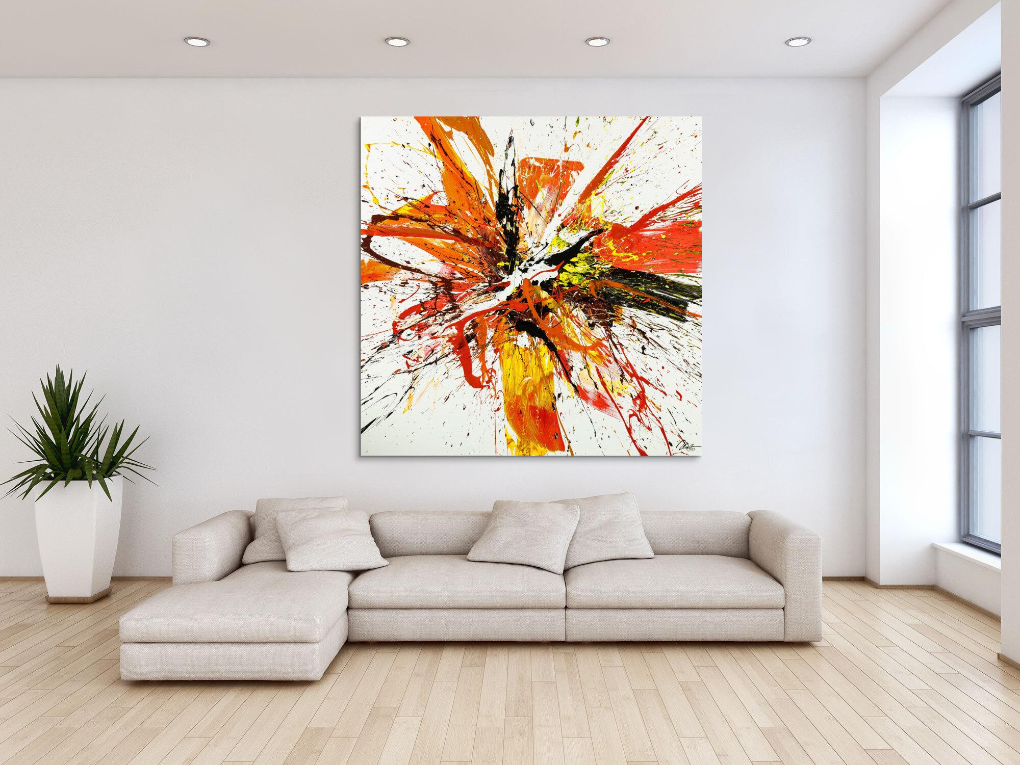Gemälde Original abstrakt 150x150cm Action Painting Moderne Kunst handgemalt Mischtechnik weiß rot orange Einzelstück