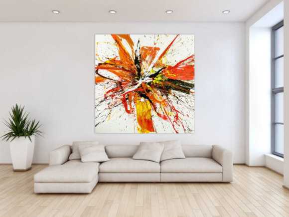 Gemälde Original abstrakt 150x150cm Action Painting Moderne Kunst handgemalt Mischtechnik weiß rot orange Einzelstück