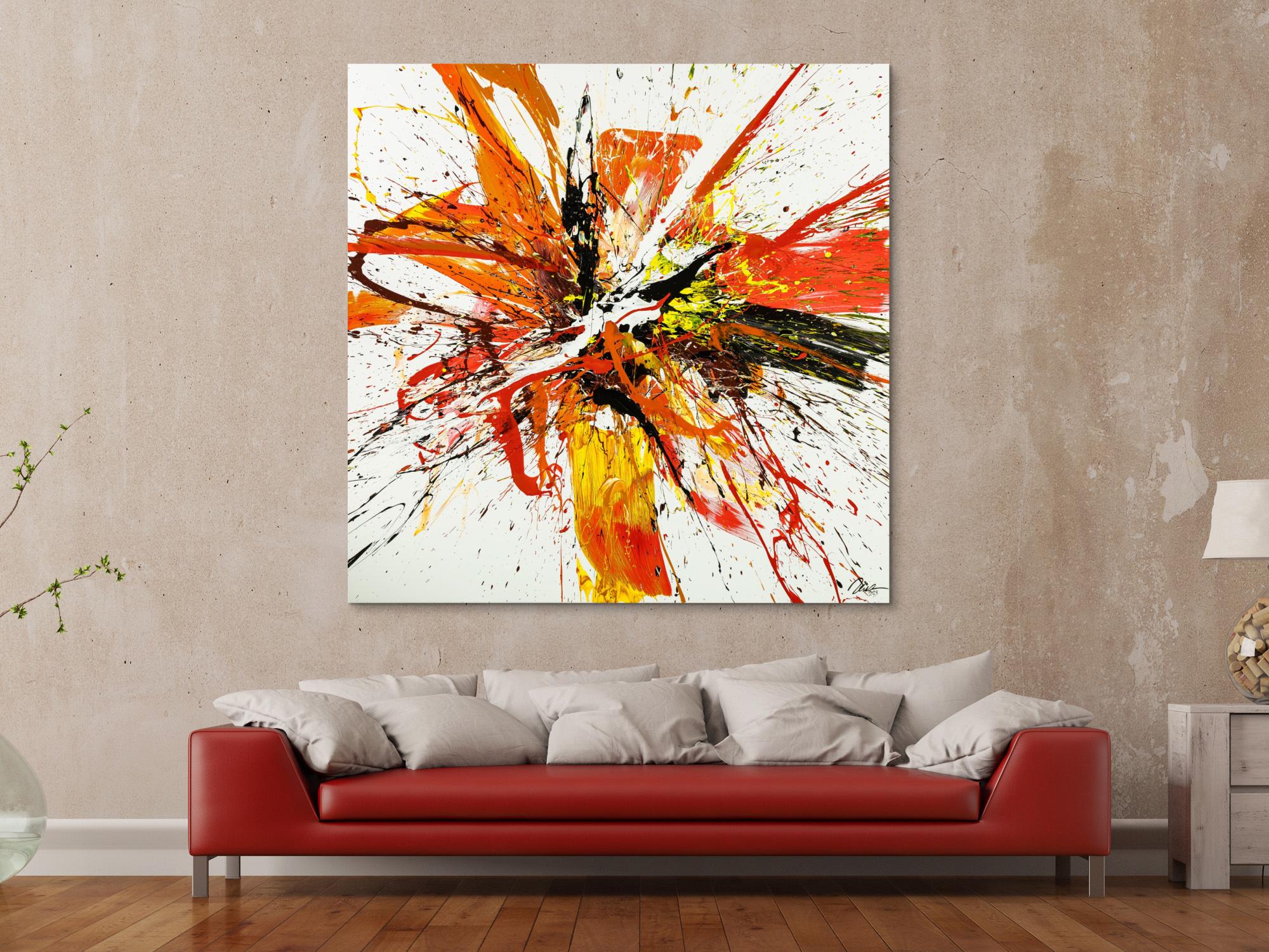 Gemälde Original abstrakt 150x150cm Action Painting Moderne Kunst handgemalt Mischtechnik weiß rot orange Einzelstück
