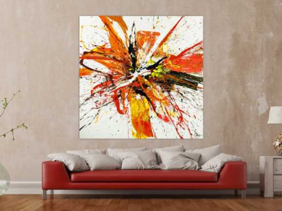 Gemälde Original abstrakt 150x150cm Action Painting Moderne Kunst handgemalt Mischtechnik weiß rot orange Einzelstück