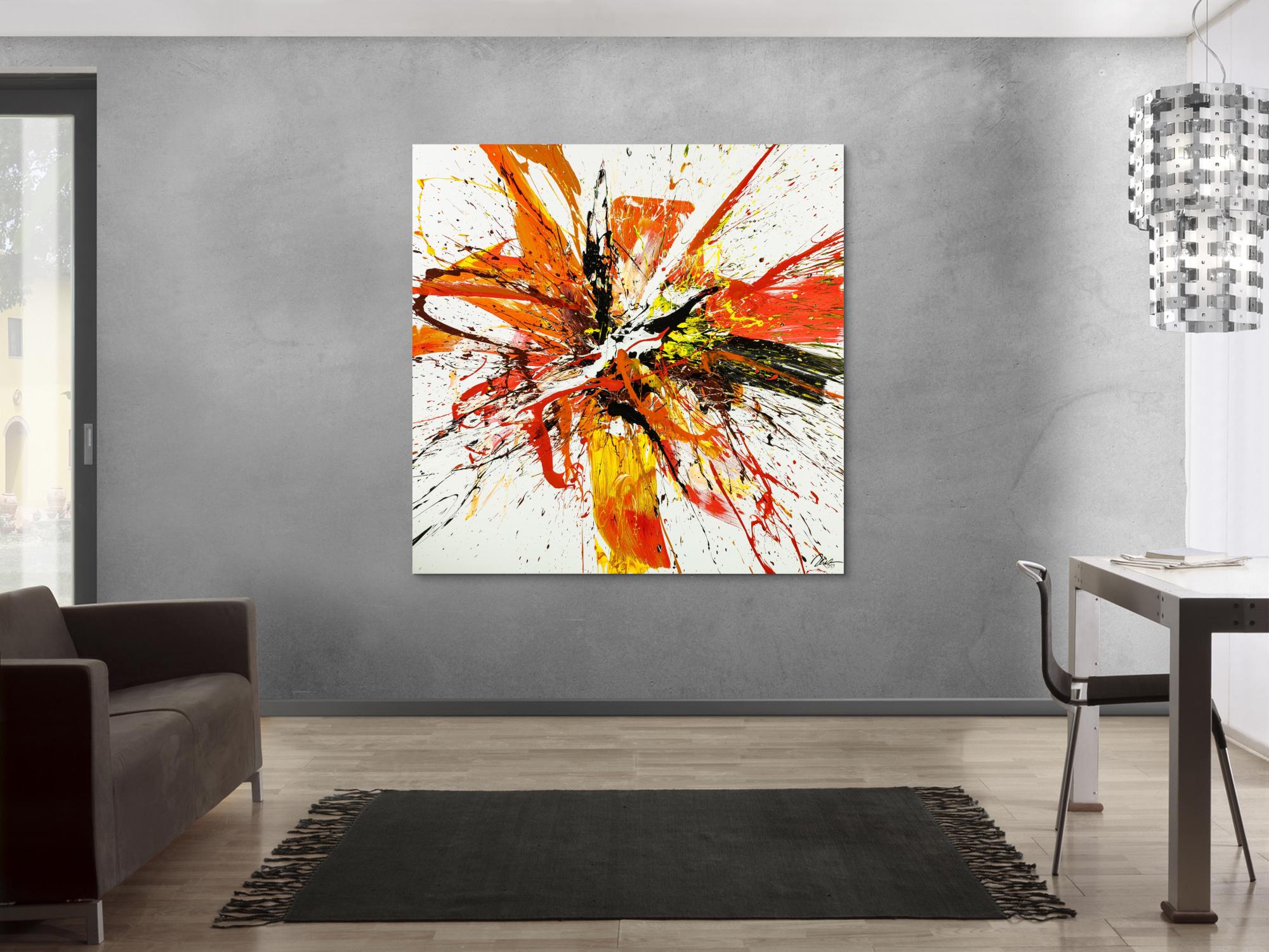 Gemälde Original abstrakt 150x150cm Action Painting Moderne Kunst handgemalt Mischtechnik weiß rot orange Einzelstück