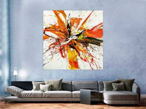 Gemälde Original abstrakt 150x150cm Action Painting Moderne Kunst handgemalt Mischtechnik weiß rot orange Einzelstück