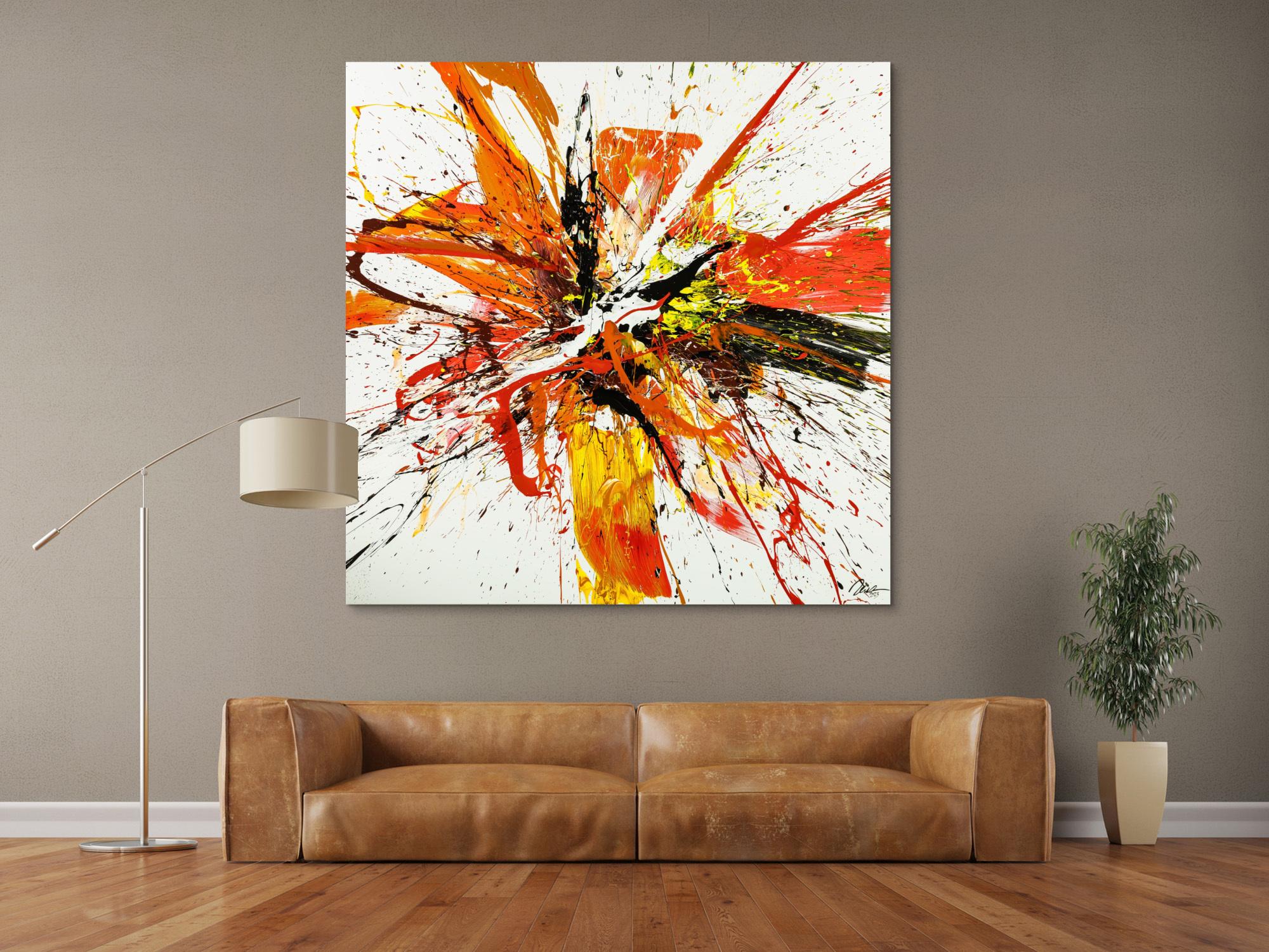 Gemälde Original abstrakt 150x150cm Action Painting Moderne Kunst handgemalt Mischtechnik weiß rot orange Einzelstück