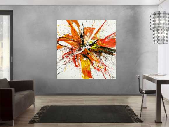 Gemälde Original abstrakt 150x150cm Action Painting Moderne Kunst handgemalt Mischtechnik weiß rot orange Einzelstück