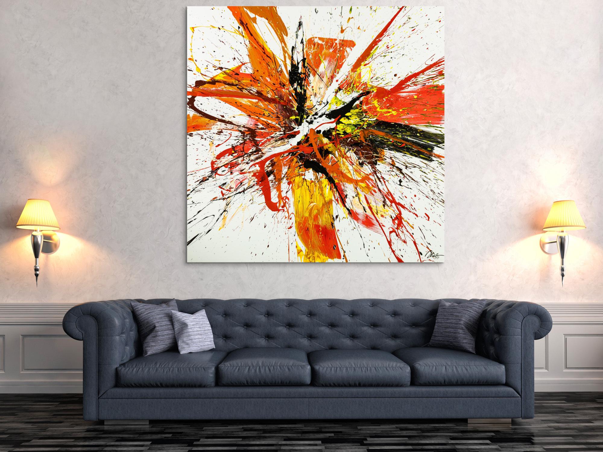 Gemälde Original abstrakt 150x150cm Action Painting Moderne Kunst handgemalt Mischtechnik weiß rot orange Einzelstück