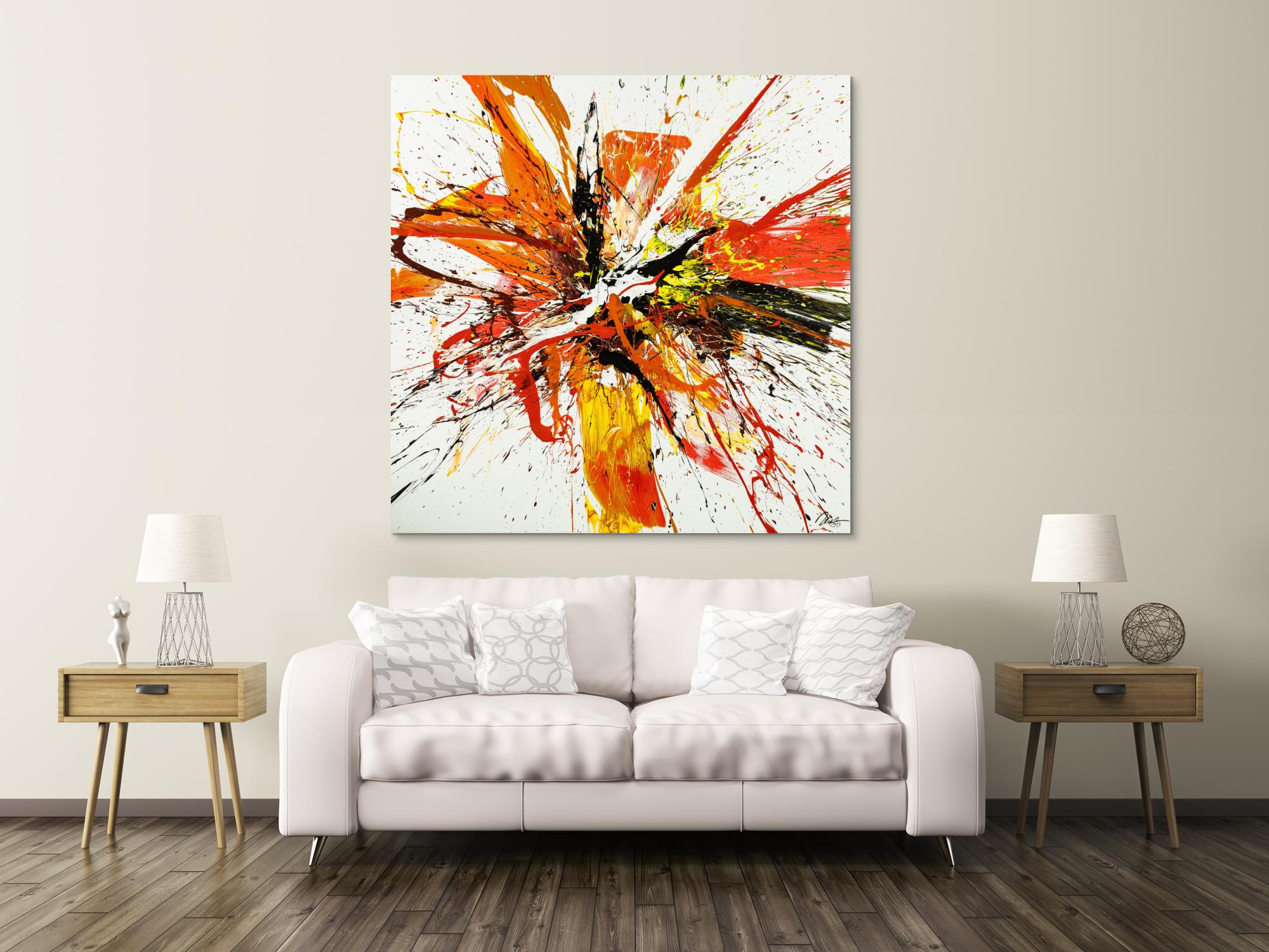 Gemälde Original abstrakt 150x150cm Action Painting Moderne Kunst handgemalt Mischtechnik weiß rot orange Einzelstück