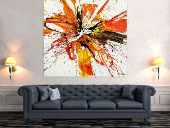 Gemälde Original abstrakt 150x150cm Action Painting Moderne Kunst handgemalt Mischtechnik weiß rot orange Einzelstück