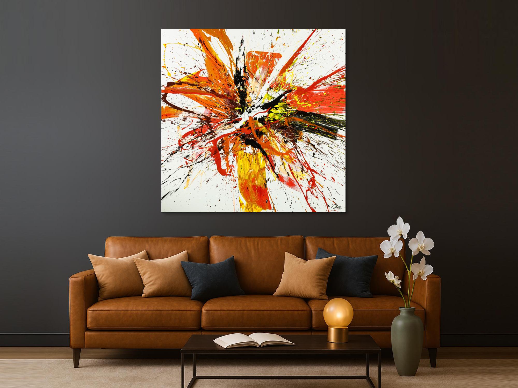 Gemälde Original abstrakt 150x150cm Action Painting Moderne Kunst handgemalt Mischtechnik weiß rot orange Einzelstück