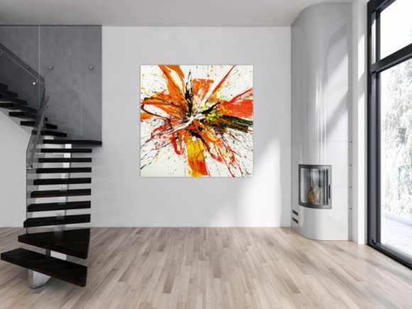 Gemälde Original abstrakt 150x150cm Action Painting Moderne Kunst handgemalt Mischtechnik weiß rot orange Einzelstück