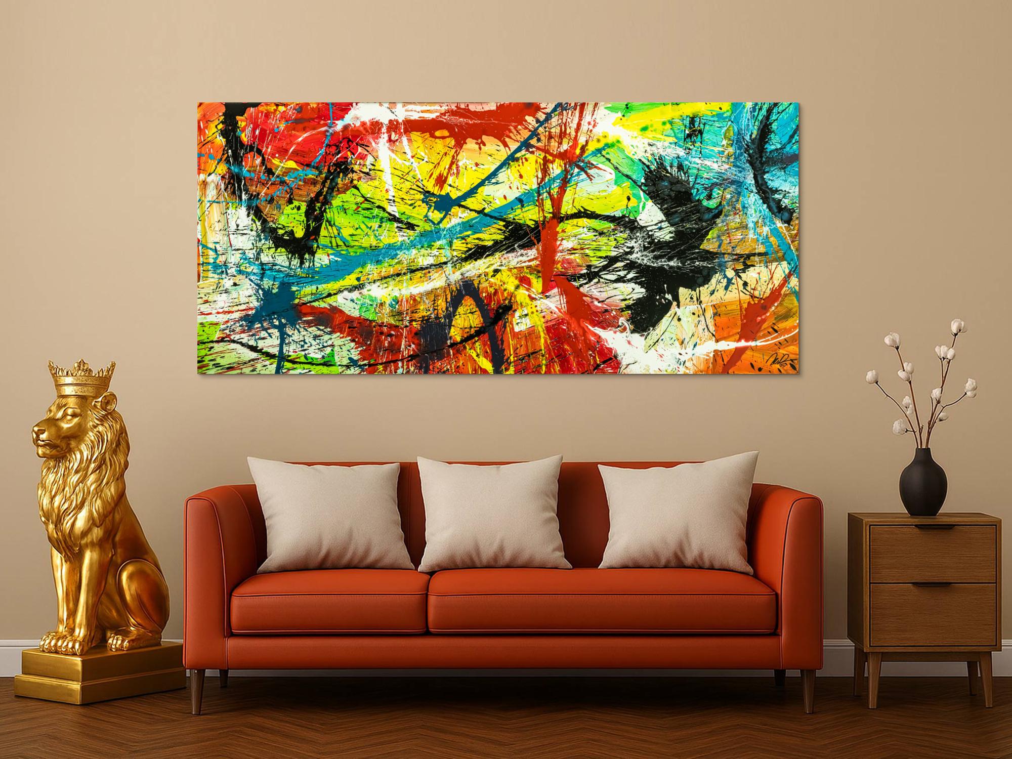 Gemälde Original abstrakt 90x200cm Action Painting expressionistisch handgefertigt Splash Art bunt rot gelb einzigartig