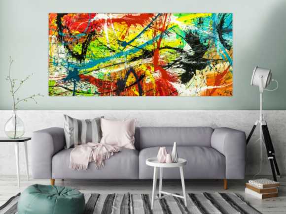 Gemälde Original abstrakt 90x200cm Action Painting expressionistisch handgefertigt Splash Art bunt rot gelb einzigartig