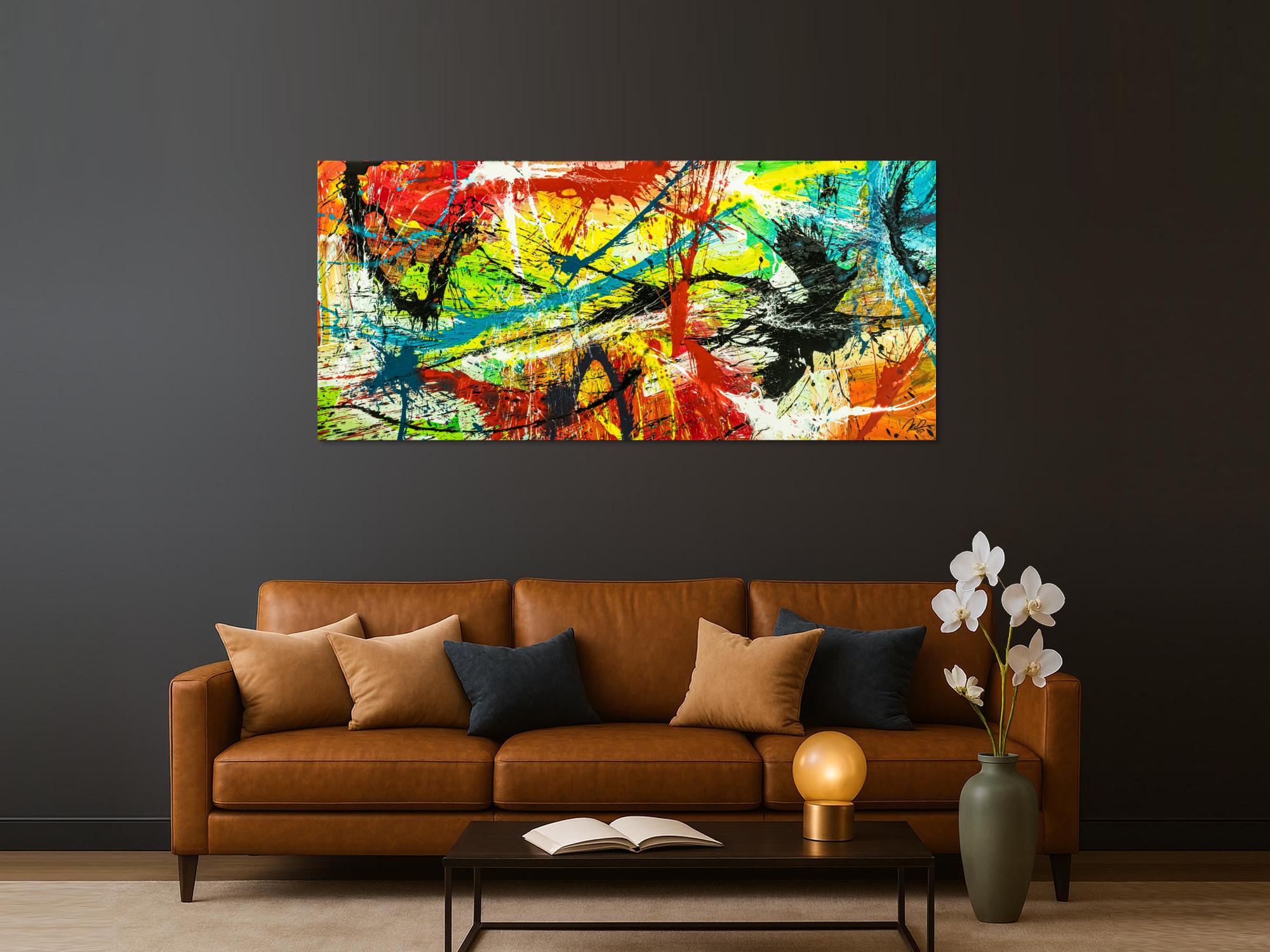 Gemälde Original abstrakt 90x200cm Action Painting expressionistisch handgefertigt Splash Art bunt rot gelb einzigartig